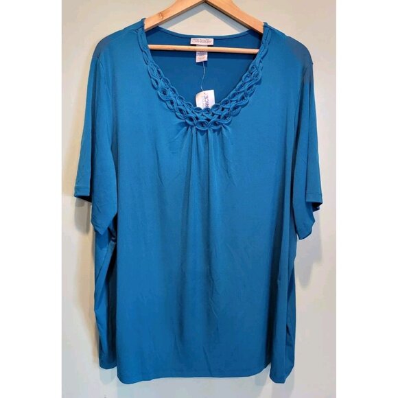 Maggie Barnes Tops - New Maggie Barnes  Catherines Teal Jersey Knit  Short Sleeve Top Woven Accent 3X